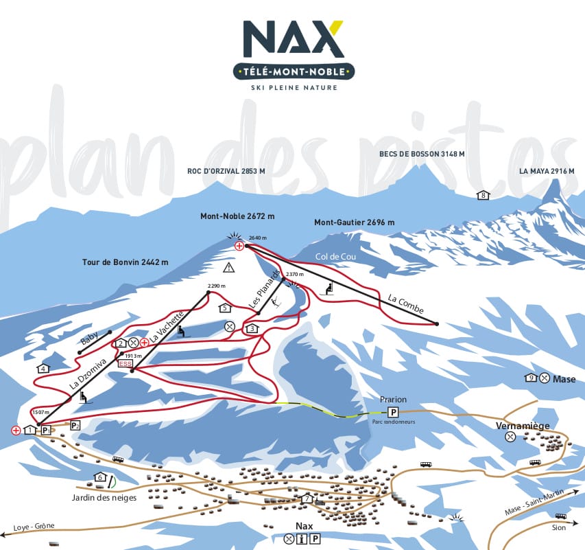 plan of the ski slopes in Nax