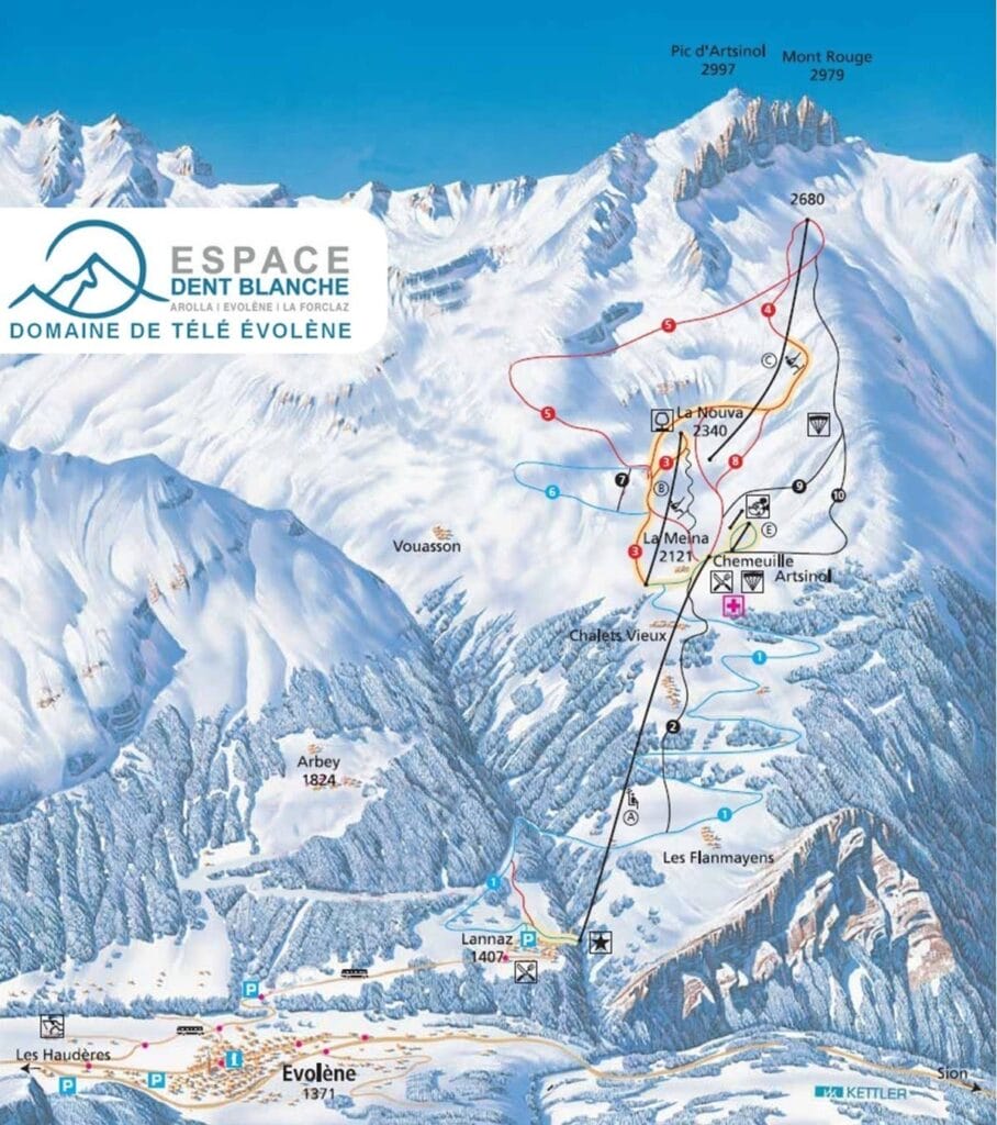 Ski slopes plan Evolène in Switzerland
