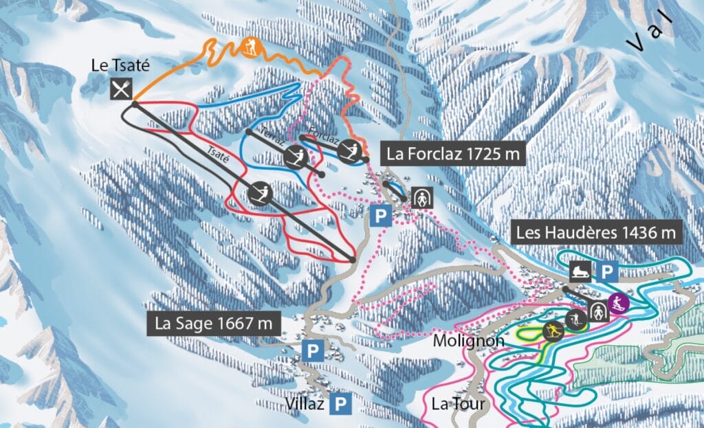 plan of the ski slopes in La Forclaz, Switzerland